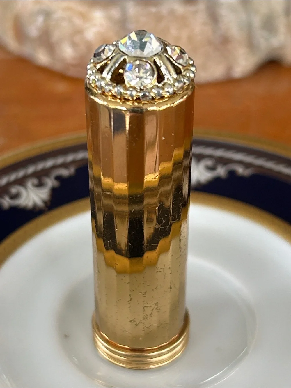 Vintage Gold Lipstick Case with Rhinestone Cap
